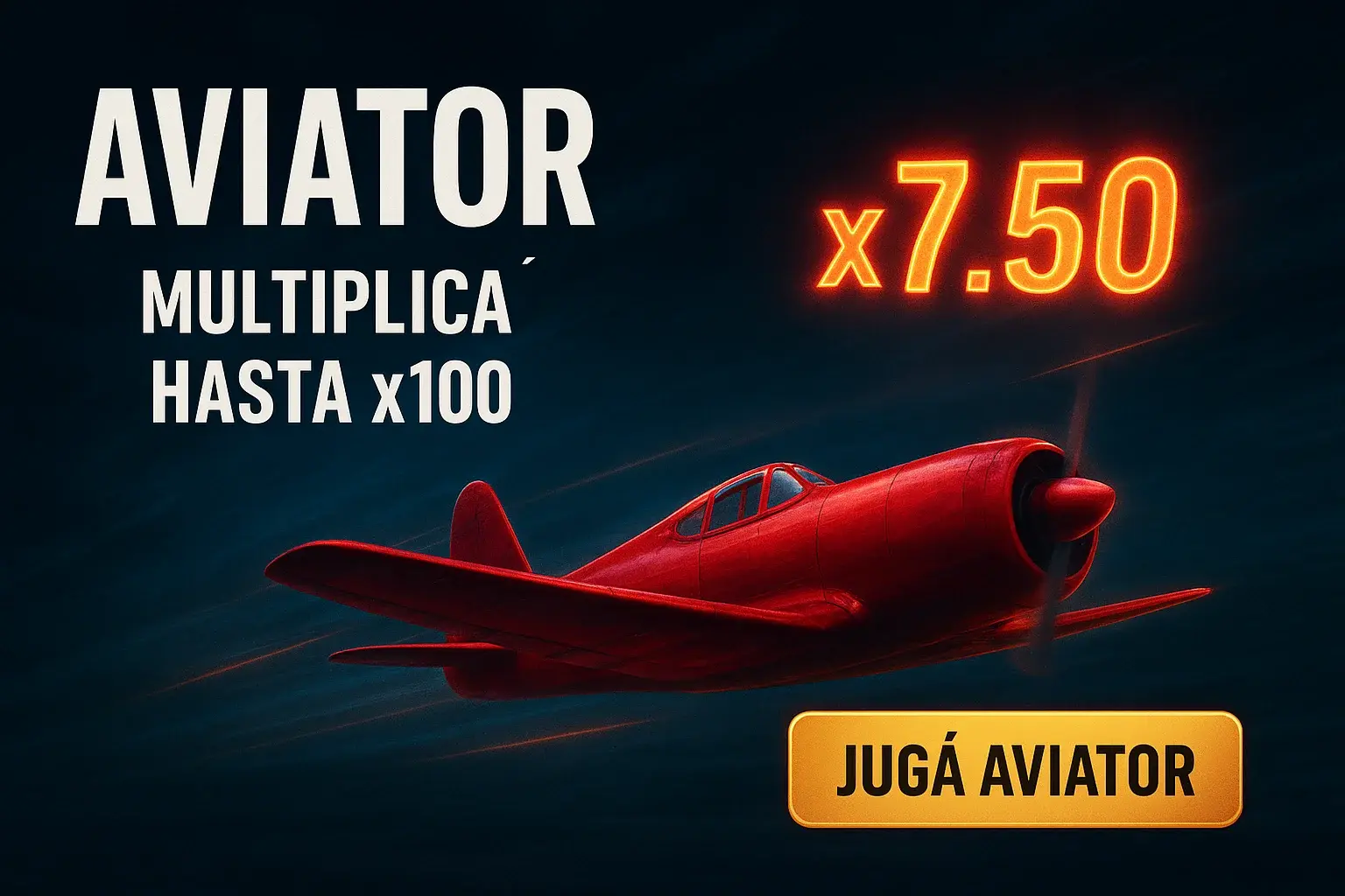 Banner Aviator con avión rojo y multiplicador x7.50, CTA dorado