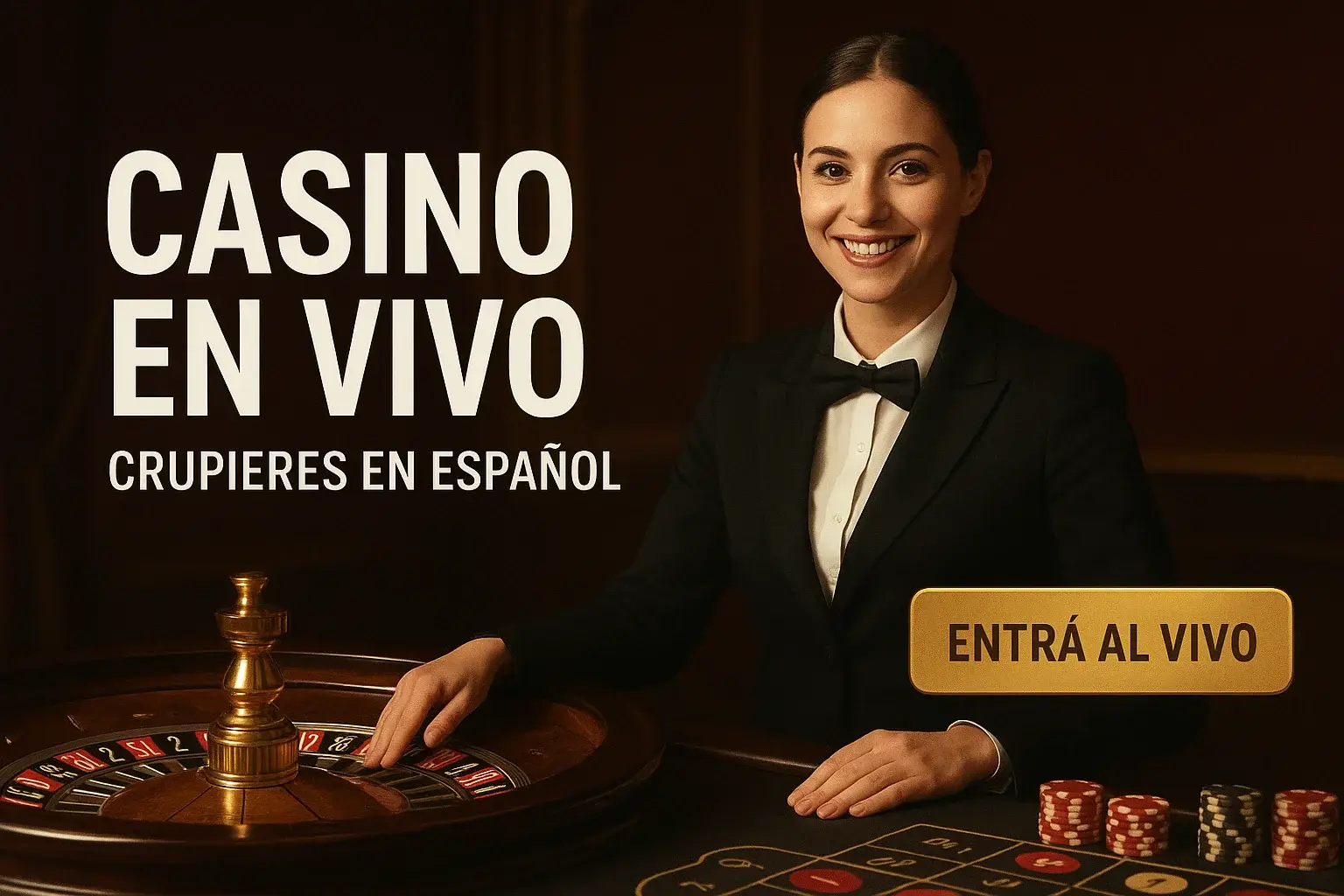 Banner de casino en vivo con crupier en español y ruleta