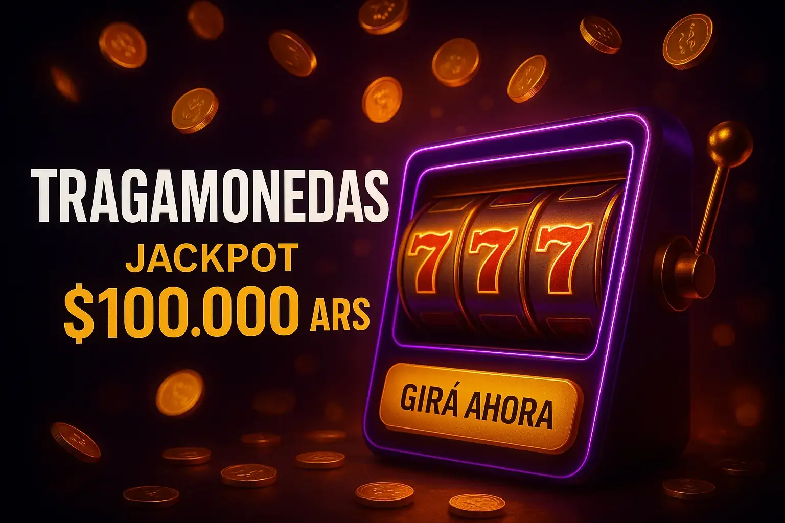 Banner de tragamonedas con jackpot 7 7 7, girá ahora y monedas doradas